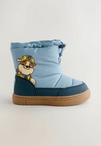 Blauer gepolsterter Stiefel mit einer Cartoonfigur an der Seite. Verfügt über eine Gummisohle, einen strukturierten navyfarbenen unteren Teil und eine verstellbare Zugkordel.