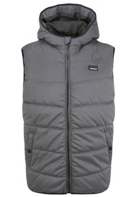 Graues ärmelloses Steppweste mit Kapuze, ausgestattet mit einem Frontreißverschluss, gestepptem Design und zwei seitlichen Taschen mit Druckknopfverschluss.