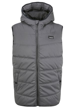 Pilkas be rankovių pūkinis liemenė su kapuce, su priekiniais užtrauktukais, siuvinėtu dizainu ir dviem šoninėmis kišenėmis su snapeliais.