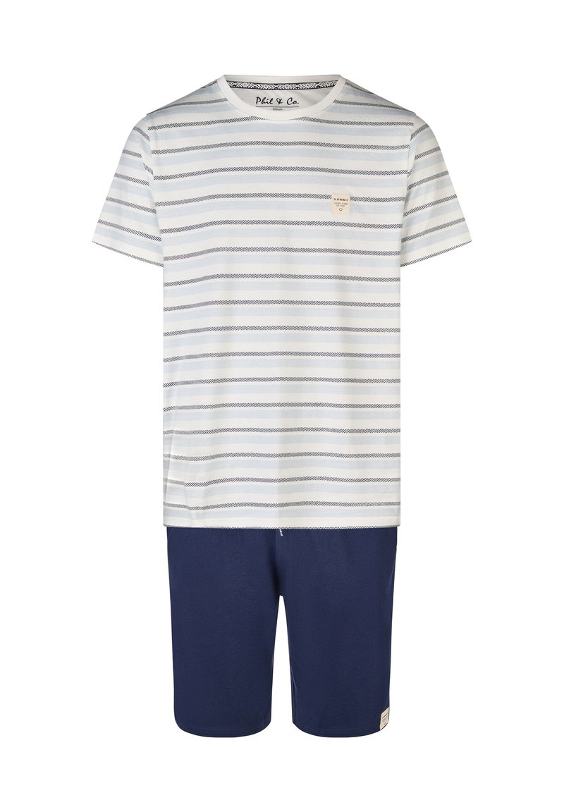 Camiseta de rayas blanca y azul marino con mangas cortas y un pequeño bolsillo en el pecho, combinada con pantalones cortos azul marino lisos. Tejido de mezcla de algodón.