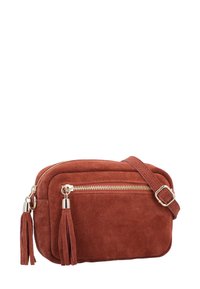 Braune Wildleder-Umhängetasche mit einer Reißverschlussfronttasche und Quastenakzenten. Teile in goldfarbener Hardware und ein verstellbarer Gurt. Kompaktes Design.
