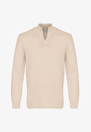 Beežist värvitud pikkade varrukatega kampsun, millel on sooniline kõrge krae ja esiküljel V-kujuline sälk.