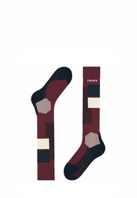 Bordeauxrote und marineblaue gemusterte Socken mit geometrischen Designs, darunter Streifen und Blockformen. Hergestellt aus weichem Stoff, mit verstärkter Ferse und Spitze.