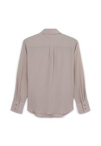 Camicia a maniche lunghe di un leggero beige con colletto, caratterizzata da una piega sul retro, polsini con bottoni e un tessuto liscio e testurizzato.