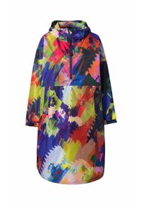 Impermeabile leggero e colorato con un vivace motivo astratto multicolore, dotato di cappuccio e tasca frontale con zip. Progettato per essere facile da indossare.
