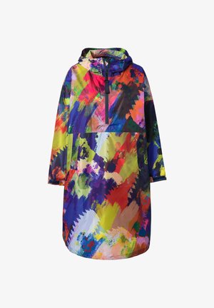 Värikäs kevyt sadetakki, jossa on elävä abstrakti kuvio monissa väreissä, hupulla ja vetoketjullisella etutaskulla. Suunniteltu helppoon käyttöön.