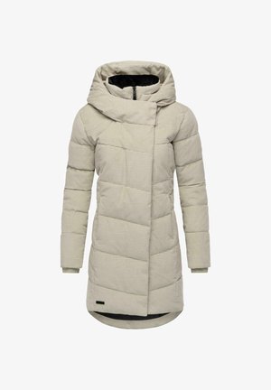 Ljus beige vadderad jacka med stor huva, strukturerad tyg, sned sömnad, sidofickor och förlängd nederkant. Svart innerfoder.