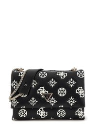 Borsa nera realizzata in materiale sintetico testurizzato, con un motivo geometrico bianco e una tracolla in catena argentata. Logo in evidenza.