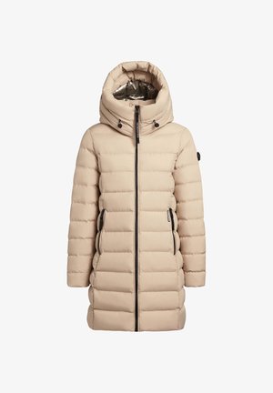 Beżowa kurtka puchowa z wysokim kołnierzem, zapinana na zamek, z regulowanym kapturem, poziomym pikowaniem oraz dwoma przednimi kieszeniami na zamek.