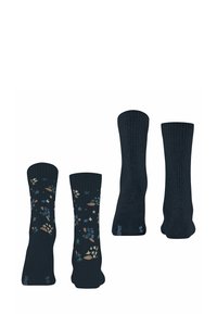 Ciemnoniebieskie skarpetki o żebrowanej strukturze. Jedna para ma kwiatuwy wzór w jasnych kolorach, podczas gdy druga jest jednolicie ciemnoniebieska.