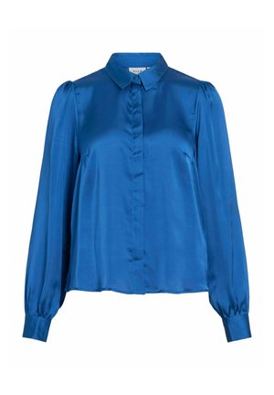 Blue satin blouse with a button-up front, collar, and billowy sleeves. Features a smooth texture and a relaxed, flowy silhouette.