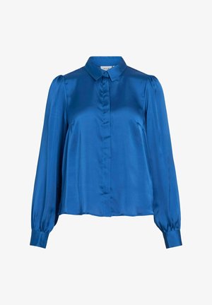 Plava satenasta bluzica s prednjim kopčanjem, kragnom i raskošnim rukavima. Ima glatku teksturu i opušten, lepršav siluetu.