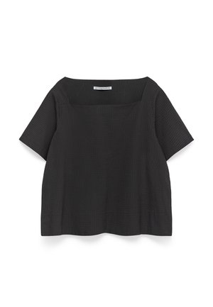 Zwarte top met korte mouwen, een vierkante halslijn, een gestructureerd streepmotief en een ontspannen pasvorm. Rechte zoom maakt het ontwerp compleet.