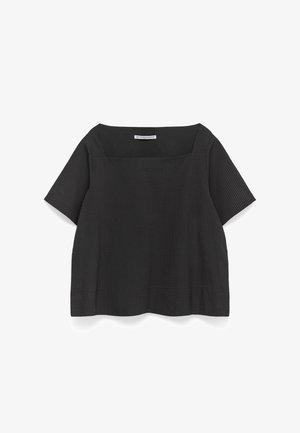 Zwarte top met korte mouwen, een vierkante halslijn, een gestructureerd streepmotief en een ontspannen pasvorm. Rechte zoom maakt het ontwerp compleet.