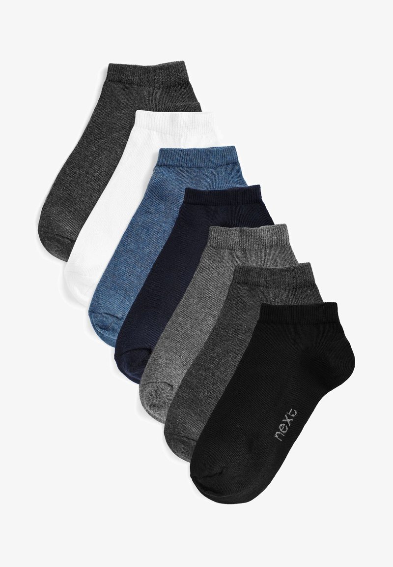 Zestaw ośmiu skarpetek do kostek w różnych kolorach: czarnym, ciemnoszarym, jasnoszarym, białym, granatowym i niebieskim. Wykonane z dzianiny z prążkowanymi mankietami.