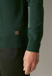 Pulover verde cu o textură de tricotare cu nervuri, având o mică etichetă logo maro aproape de tiv și manșete ajustate. Purtați cu pantaloni negri.