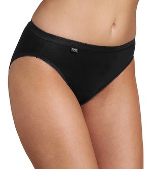 Zwarte katoenen slip met een gladde textuur, elastische tailleband en delicaat kantdetail langs de randen. Bevat een klein logo-label.