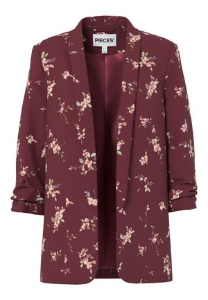 Blazer da donna color bordeaux con motivi floreali, maniche arrotolate, davanti aperto e piccoli motivi di fiori rosa e verdi su tutta la superficie.