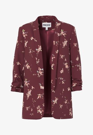 Blazer da donna color bordeaux con motivi floreali, maniche arrotolate, davanti aperto e piccoli motivi di fiori rosa e verdi su tutta la superficie.
