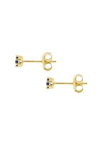 Goldene Steckerohrringe mit einem blauen Steinakzent. Runde Form mit einer strukturierten Fassung, gesichert mit einem Standardstecker und einem Schmetterlingsverschluss.