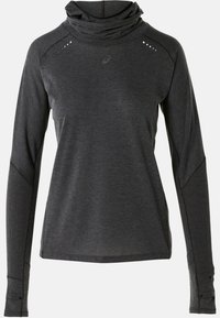 Haut de sport à manches longues gris foncé avec un col drapé, tissu texturé, logo discret sur la poitrine et détails de ventilation.