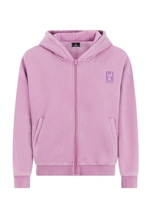 Lichtpaarse hoodie met ritssluiting, voorzakken, geribbelde boorden en zoom, zachte fleecevoering en een klein logo op de linkerborst.