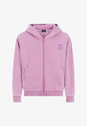Lichtpaarse hoodie met ritssluiting, voorzakken, geribbelde boorden en zoom, zachte fleecevoering en een klein logo op de linkerborst.