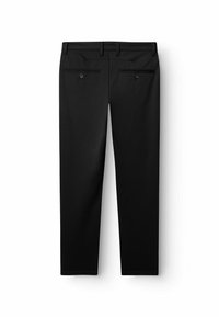 Schwarze Hosen mit geradem Bein Design. Mit zwei Gesäßtaschen mit Knöpfen, Gürtelschlaufen und einer glatten Stoffoberfläche.