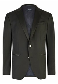 Zwarte colbert met satijnen revers, enkele knoopsluiting, borstzak en een zijzak. Gevoerd met een gemêleerde blauwe stof.