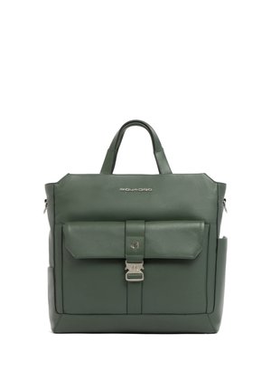 Dark green leather tote bag with top handles, front pocket secured by a silver clasp, and "Piquadro" logo on the upper front.