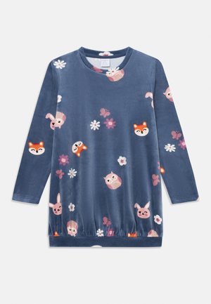 Abito a maniche lunghe in morbido velluto blu, con volti di vari animali e motivi floreali in rosa e bianco su tutto il capo. Collo rotondo e fondo elastico.