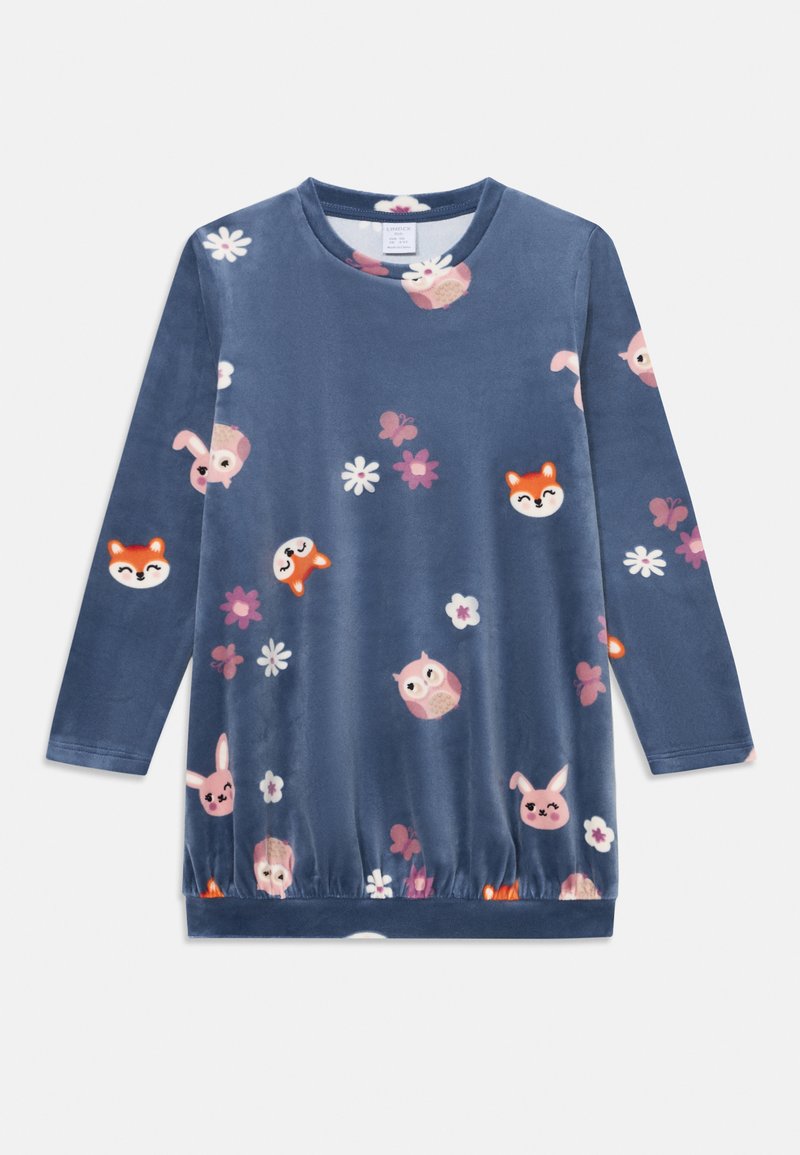 Langärmliges Kleid aus weichem blauen Samt, das verschiedene Tiergesichter und florale Muster in Pink und Weiß zeigt. Rundhalsausschnitt, elastischer Saum.