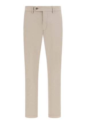 Pantalon beige à jambe droite, fabriqué à partir d'un tissu léger. Comprend une fermeture éclair, un bouton de fermeture et des passants de ceinture standards.
