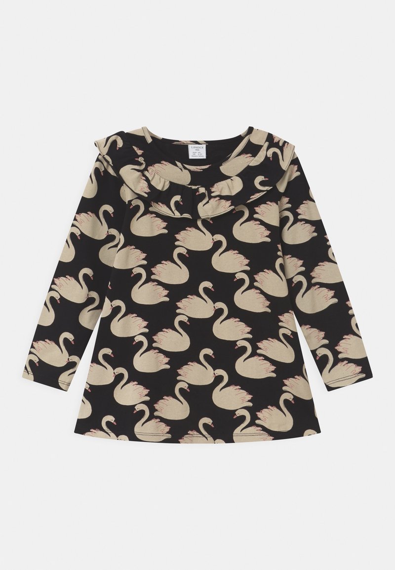 Maglia nera a maniche lunghe con motivo a cigni crema su tutta la superficie, dettaglio con scollo arricciato e tessuto morbido.