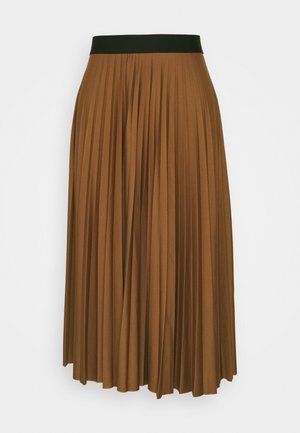 Bruine plooirok met een zwarte elastische tailleband, uitgevoerd met verticale plooien en een gladde textuur. Geschikt voor casual of formele gelegenheden.