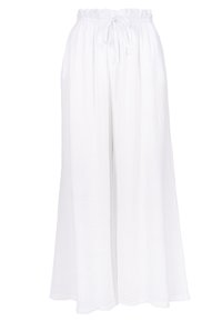 Weiße, weite Hose aus leichtem Stoff. Mit einem elastischen Bund und einem Bindeband sowie einer strukturierten Oberfläche.