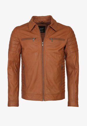 Braune Lederjacke mit einem Reißverschluss vorne, geschlitztem Kragen, zwei Reißverschlusstaschen auf der Brust und gerippten Akzenten an den Schultern. Glatte Textur.