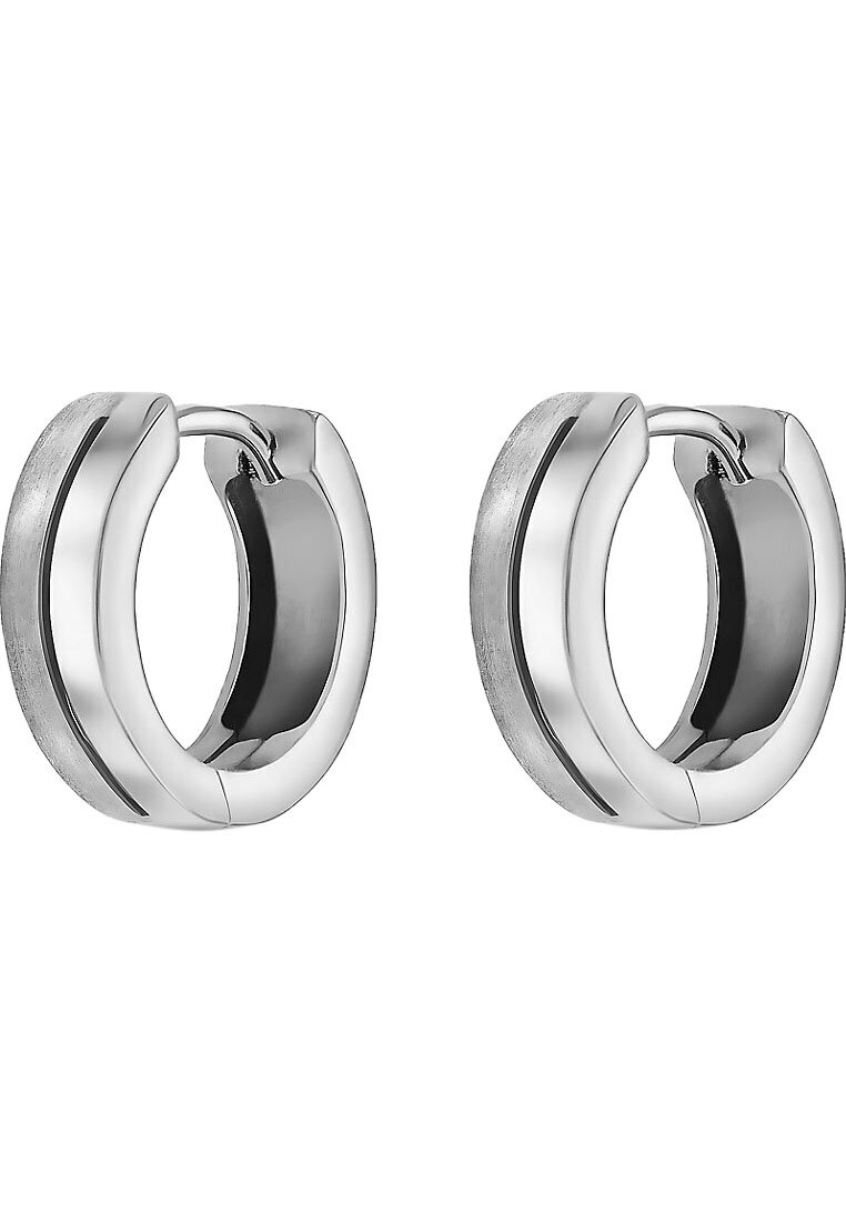 Silver hoop earrings featuring a polished surface, textured accents, and a sleek design with a contrasting dark band.