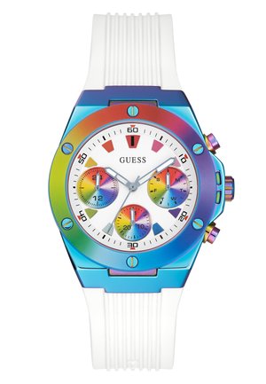 Montre aux couleurs de l'arc-en-ciel avec un bracelet en silicone blanc, un cadran rond et des sous-cadrans multicolores. Comprend des index horaires en argent et une lunette à motifs.
