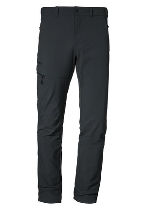 Zwarte outdoor broek van lichtgewicht stof, voorzien van meerdere zakken en een met rits sluitende zijzak; ontworpen voor duurzaamheid en mobiliteit.