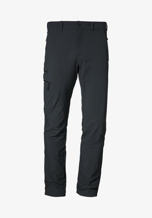 Black outdoor pants made of lightweight fabric, featuring multiple pockets and a zippered side pocket; designed for durability and mobility.