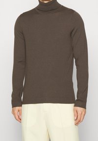 Maglione a collo alto marrone realizzato in morbido tessuto a maglia, design aderente, maniche lunghe, colletto a coste, indossato sopra pantaloni di colore chiaro.