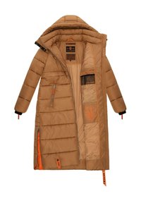 Brown puffer coat featuring vertical quilted sections, orange accents, zippered pockets, and a hood lined with a smooth interior fabric.