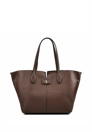 Braune strukturierte Ledertasche mit zwei Henkeln und einem kleinen eingeprägten Logo in der vorderen Mitte.