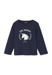 Marineblaues Langarm-T-Shirt aus Baumwolle mit einem Einhorn-Graphic und dem Text "STAY MAGICAL" sowie dekorativen Blättern in Weiß.