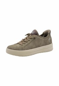 Hellbraune Wildledersneaker mit niedrigem Profil, runder Zehe und beiger Gummisohle. Verfügt über tonale Nähte und einen gepolsterten Hals in Braun.