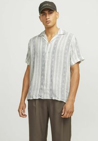 Chemise à manches courtes avec une base blanche, des motifs verticaux bleus et une coupe décontractée ; associée à un pantalon marron.
