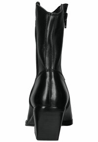 Botín negro de cuero hasta el tobillo con puntera cuadrada, tacón bajo y cremallera lateral. Textura suave con un mínimo de costuras.