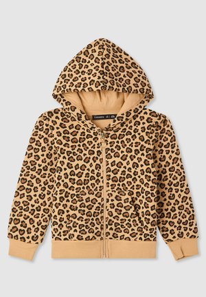 Felpa con zip per bambini con stampa leopardata, tasche anteriori, polsini a costine e cappuccio nei colori beige e nero.