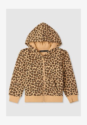 Felpa con zip per bambini con stampa leopardata, tasche anteriori, polsini a costine e cappuccio nei colori beige e nero.